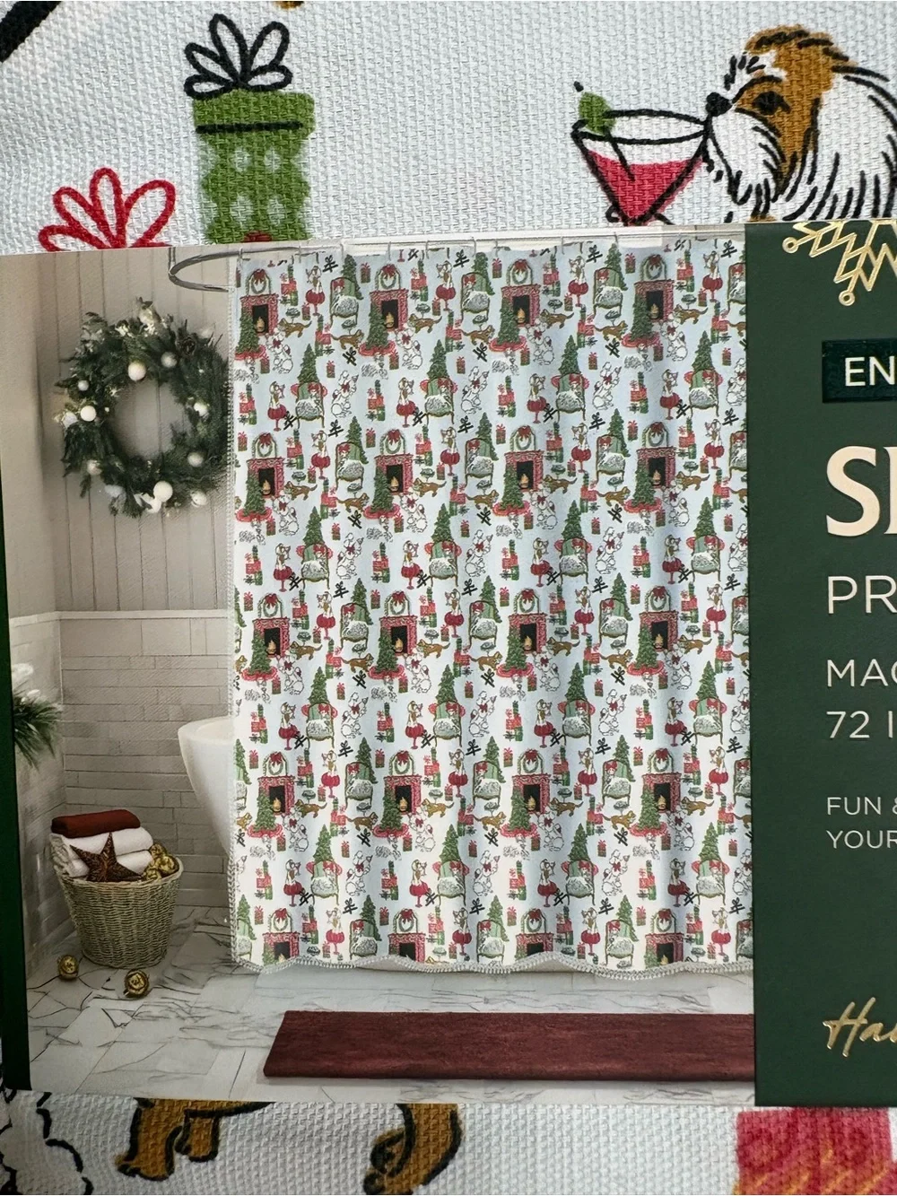 Envogue White Shower Curtain with Red & Green presents, dogs, presents, poodles